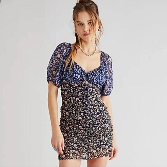 Free People Tessa Floral Gathered Mini Dress Blue / Black - Picture 2 of 10